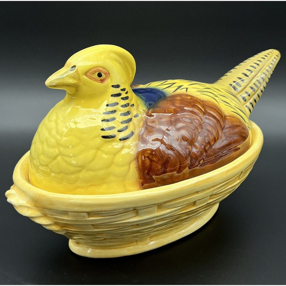 Antique Majolica Barbotine Nesting Pheasant Dish R.V. Italy Art Nouveau Box